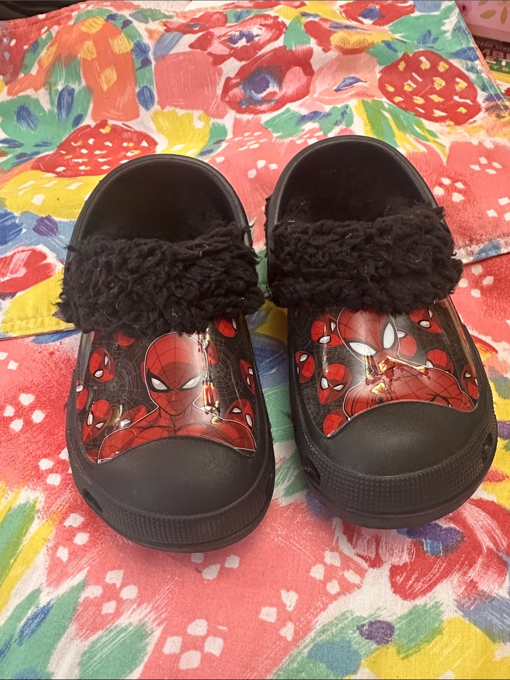 Marvel Spider-Man Black and Red Kids Slip-On Clogs with Faux Fur Collar